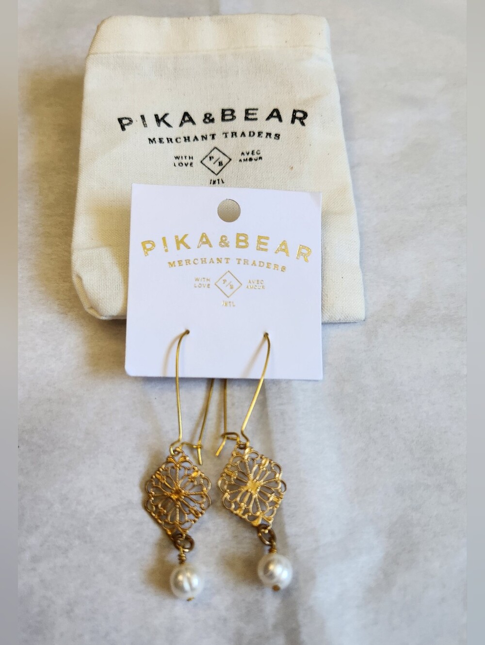 Pika & Bear Pearl Drop, Gold tone Filigree Earrings